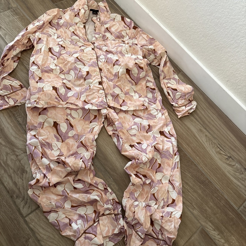 J. Crew Women Pink Floral Cotton Long Sleeve Button Down Pajama Set Size L